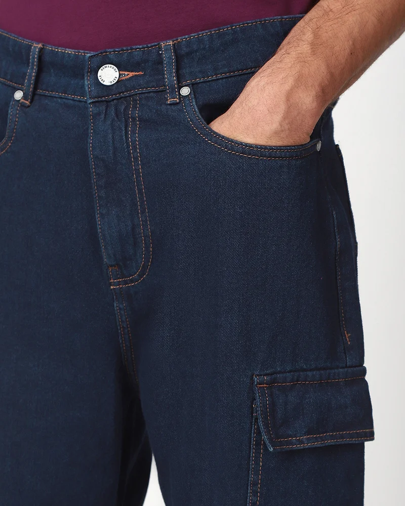 Bewakoof  Men's Navy Blue Baggy Fit Washed Cargo Mid-Rise Jeans for Men | Best Price UAE